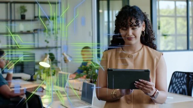 Woman holding tablet tapping in office, causing HUD code overlays to escalate for business review