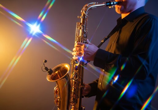 Vibrant jazz saxophone performance captured with a tilted dutch angle, intense motion blur distortion, and shimmering colorful prism flares, expressive, speed, light flare
