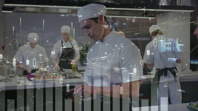 Central chef checking smartphone in kitchen, showing faint candlestick charts tracking sales