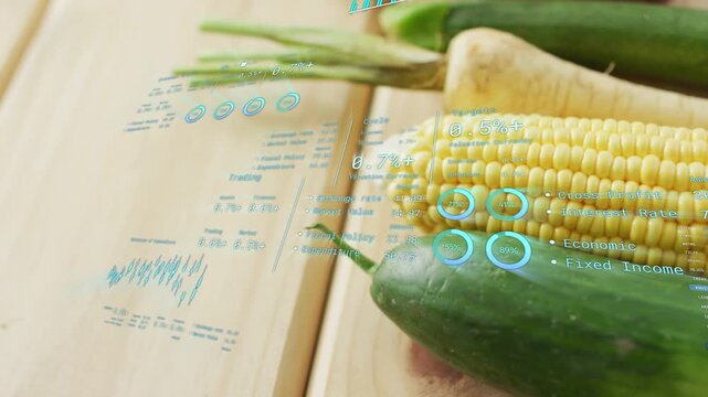 Camera starting leftward sweep, veggies sliding under blue holo UI, gauges updating freshness data