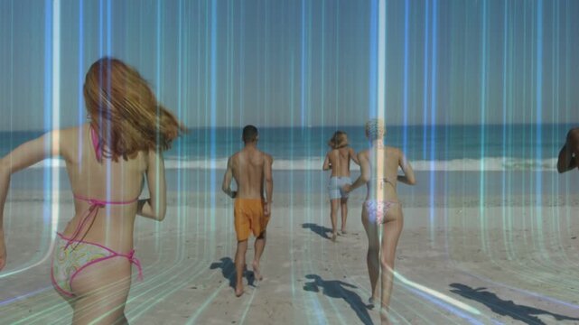 Group of five runners running to surf, sun pushing chase, blue streaks showing motion for marketing