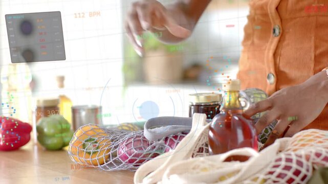 Woman steadying bag, reaching for glass bottle on counter, animated tags tracing and sorting food