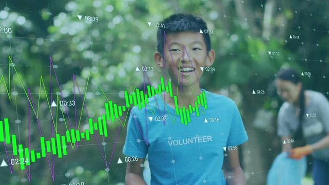 Boy holding blue bag and smiling starting community cleanup data overlay shifting over volunteers