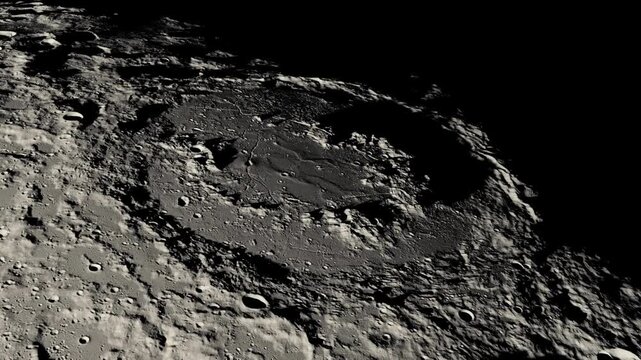 Realistic Animation of Shadows Moving over Moon. Flying Over the Moon Landscape. Cinematic Close-up View of Moon Surface with Craters.