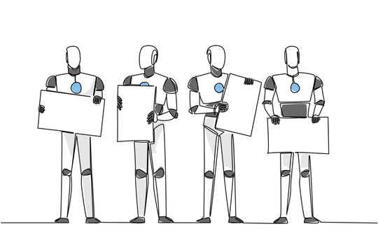 Colorful one line drawing of four robots holding four separate blank marketing boards. This artificial intelligence technology concept is an ideal graphic for an international tech conference banner.