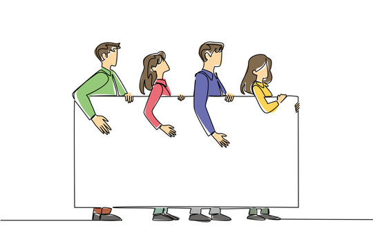 Colorful continuous line drawing of two businessmen and two businesswomen walking and holding a big ad board. This marketing business concept is absolutely perfect for a startup presentation banner.