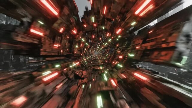 Explore city tunnel in dystopian future with abstract visuals and rapid movement through vibrant lights and structures