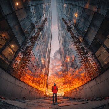 Construction worker in reflective vest and hard hat stands between glass-clad skyscrapers gazing at sunset