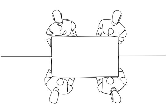 Single line drawing of four robots holding a large blank campaign paper mockup together from an overhead view. This advanced technology concept works perfectly for an educational workshop presentation