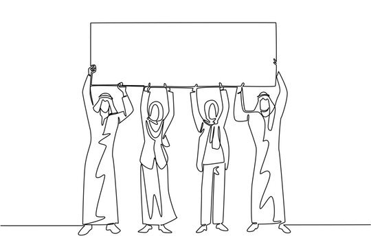 Continuous line drawing of four Arabian and Muslim people lifting a blank campaign board above their heads together. This global diversity concept works perfectly for an international event flyer.