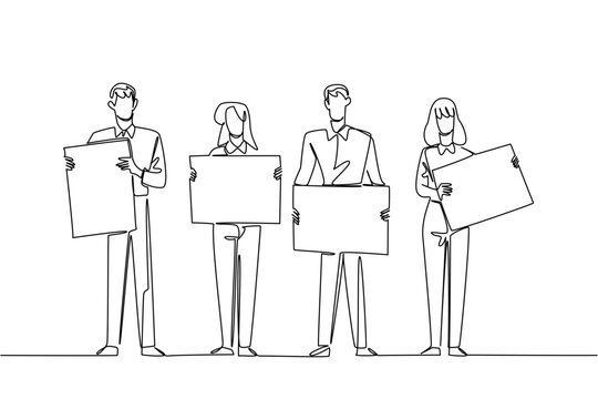 Single line drawing of two businessmen and two businesswomen holding four individual blank ad boards. This teamwork business concept is a great choice for a corporate meeting presentation poster.