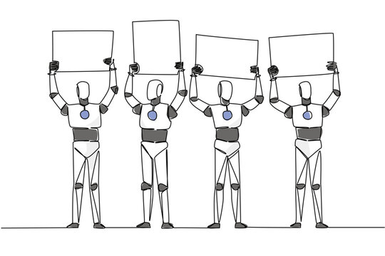 Colorful one line drawing of four robots standing and lifting four separate blank ad boards above their heads. This artificial intelligence technology concept is an ideal graphic for tech conference.