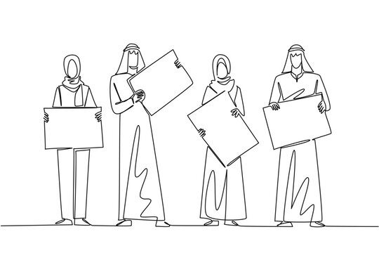 Beautiful one line drawing of two Arabian businessmen and two Muslim businesswomen holding individual blank boards. This global diversity concept works perfectly for an international event flyer.