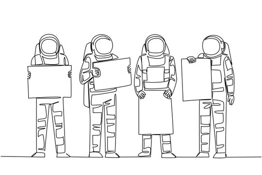 Brilliant one line drawing of four astronauts standing and holding four individual blank advertisement paper boards. This outer space science concept represents a fantastic option for a school poster.