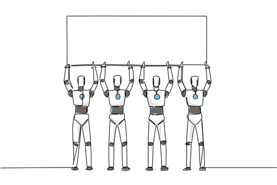 Brilliant continuous line drawing of four astronauts raising a blank board together above their heads in color. This outer space science concept is highly recommended for a museum exhibition banner.