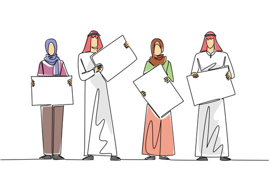 Colorful single line drawing of two Arabian businessmen and two Muslim businesswomen holding separate blank boards. This teamwork diversity concept is highly suitable for global business presentation.