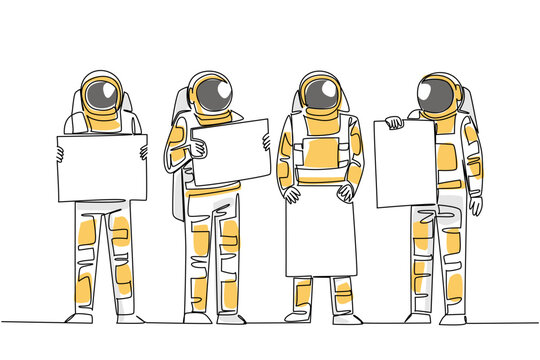 Colorful continuous line drawing of four astronauts standing and holding separate blank advertisement boards. Universe exploration science concept is highly recommended for a museum exhibition banner.