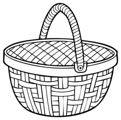 Fototapeta premium Wicker basket with handle, vector illustration, outline drawing, isolated object