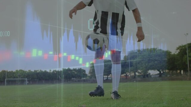 Male player training juggling ball on grass pitch, camera rising, faint finance charts overlaying