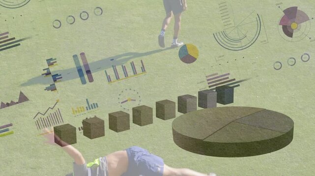 Male athlete starting cartwheel on field rotating back up during training, 3D charts overlaying