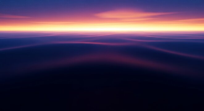 An expansive dark abyss transitions into a soft ethereal light at the horizon, creating a peaceful sense of infinite space and mystery, haze, artistic, black