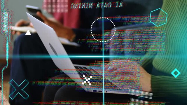 Woman working on laptop, typing and causing HUD glitching while peer scanning paper, revealing tech
