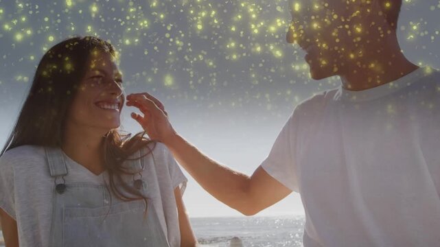 Couple smiling man reaching resting brushing cupping cheek showing love, sparkles over heads, ads