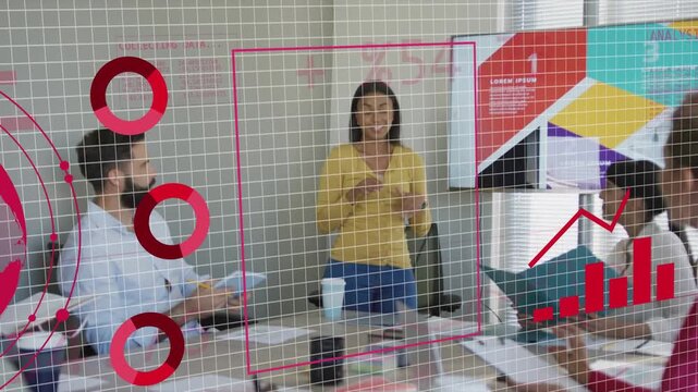 Presenter stepping to monitor, launching grid and globe, charts growing for business decisions