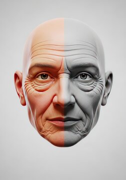 Artistic representation of maturing years showing facial features losing vibrant saturation and turning into a pale grayscale aesthetic, white, features, grey