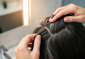 Fototapeta premium Close observation of subtle silver strands appearing in dark hair during a quiet morning routine in front of a mirror with soft lighting, realism, appearance, grace