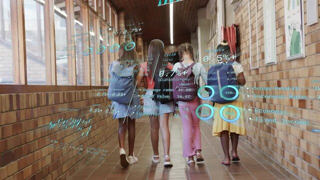 Four schoolgirls walking, starting near lens, heading toward light as AR charts tracking backpacks