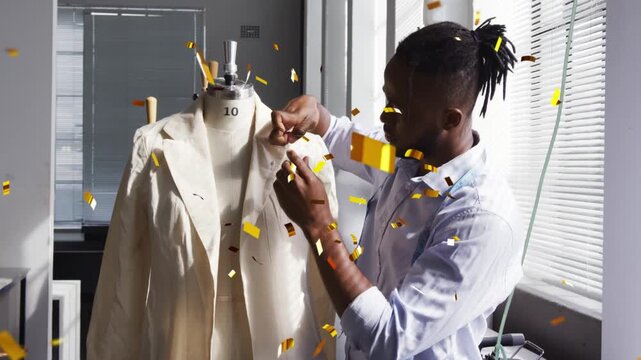 Tailor reaching and adjusting jacket on form, ensuring fit while confetti overlay briefly obscuring