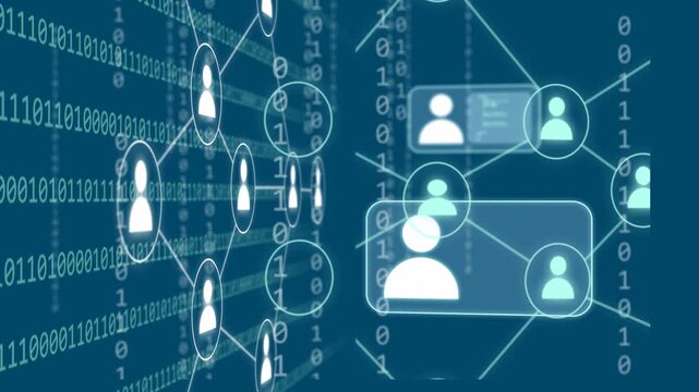 Binary streams starting avatars glowing and linking, profile cards sliding closer, forming groups