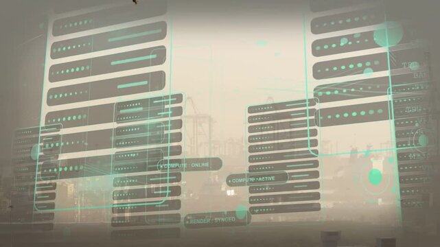 On load teal holographic UI projecting over harbor skyline, clusters shifting to show port status