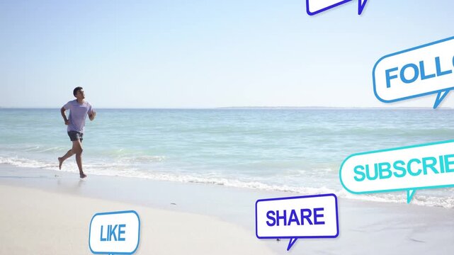 Man jogging beach, social media bubbles rising from lower right near runner and driving shares