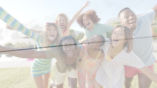 Group moving toward camera on poolside, center leaning making closeup ad with glitch band crossing