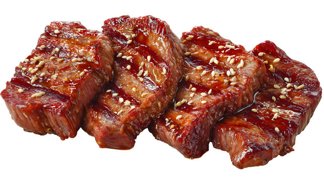 Juicy Kansas City style barbecue burnt ends coated with rich sticky sauce and sesame seeds, caramelized and glossy, isolated on white background.