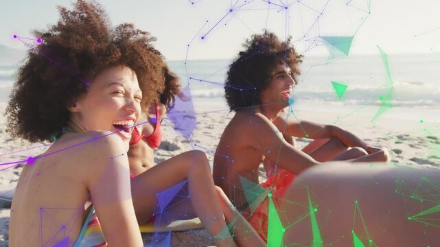 Four adults sitting shore reacting to offframe cue laughing while polygons shifting over scene ads