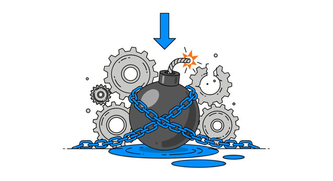 Symbolic illustration of a ticking time bomb entangled with chains and gears representing pressure and impending crisis