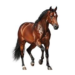 Obraz premium Elegant bay thoroughbred horse trotting with a lifted leg on a white background