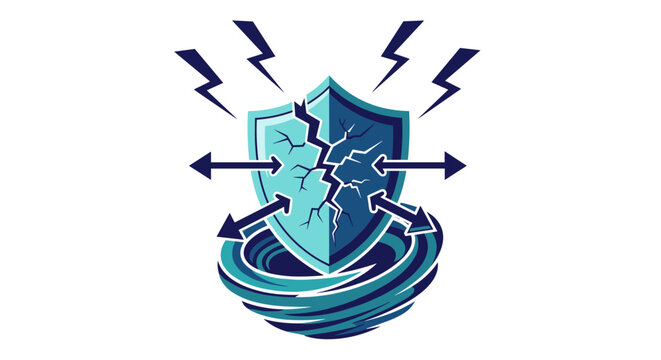 Cracked shield emblem under storm and arrows representing vulnerability security breach and risk management challenges