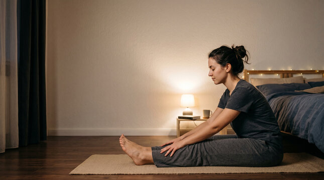 Woman Practicing Seated Forward Fold Yoga Pose at Night