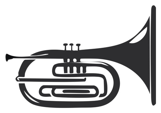 Black and white silhouette icon of a classical brass musical instrument featuring valves and a prominent bell