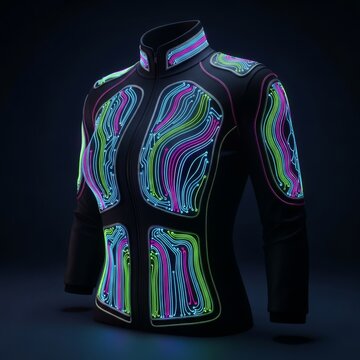 A luminous high-tech garment featuring integrated light circuits and neon patterns draped elegantly against a dark, minimalist backdrop, shimmering, futuristic, optics