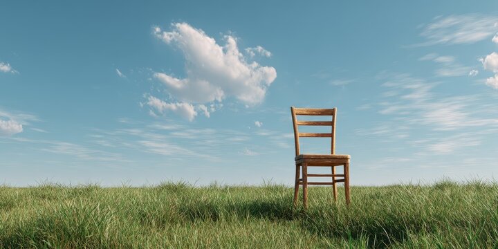 A solitary wooden chair stands in an open grassy field under a clear blue sky with scattered white clouds