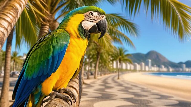 Vibrant blue and yellow macaw parrot perched on tropical beach with palm trees and ocean backdrop, beautiful exotic bird in nature, perfect vacation and wildlife scene.