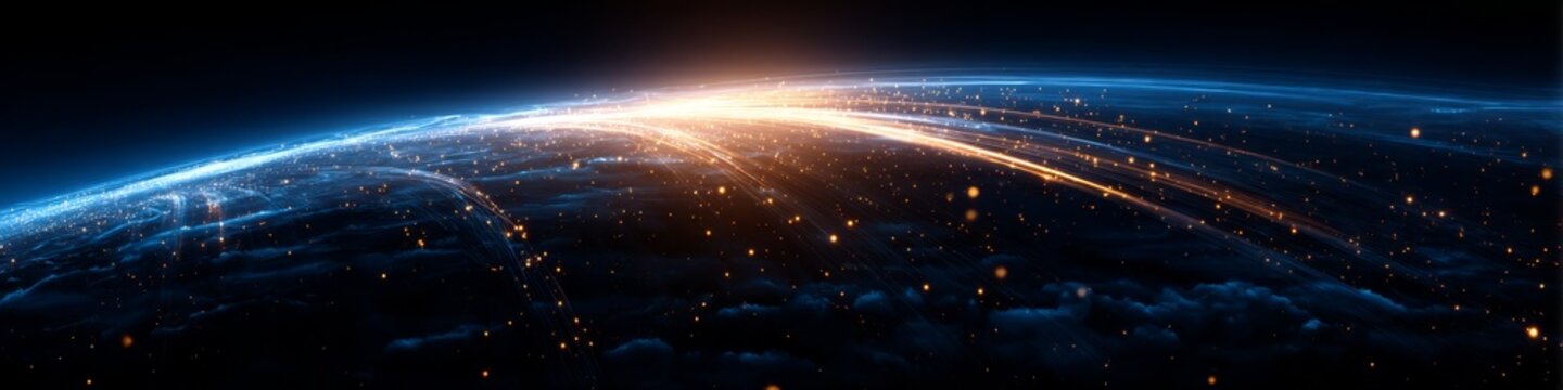 Earth's curvature at night with city light trails viewed from space