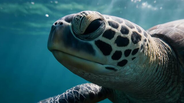 Close-up of sea turtle face underwater with detailed shell texture and calm eye expression