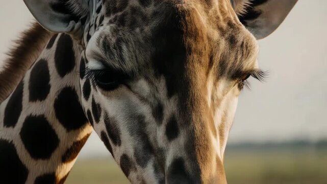 Close-up of giraffe face with detailed patterned skin texture and long eyelashes