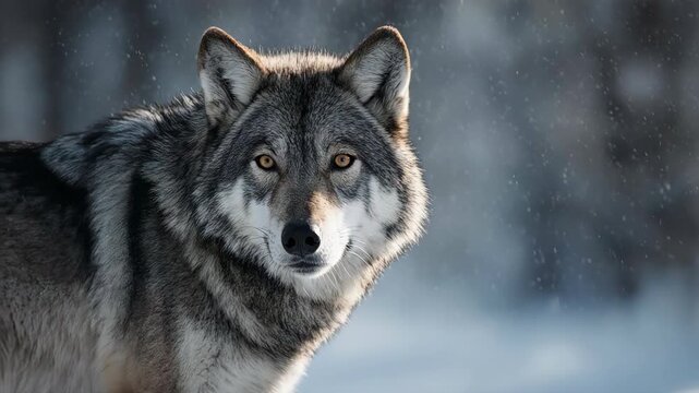 Close-up of wolf face in cold winter